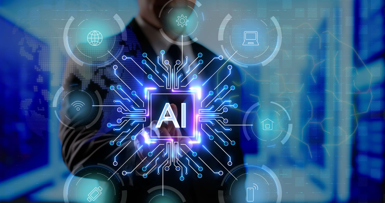 Businessman interacting with an AI circuit interface