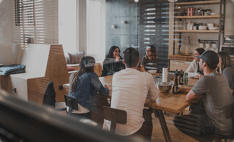 Team collaborating in a modern office workspace